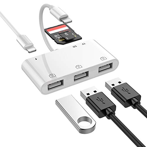 SD Kartenleser 6 in 1, USB auf Lightening-Adapter, Kartenleser Adapter mit 3 x USB 2.0-OTG-Schnittstelle, SD/TF-Kartenleser, 1 x PD-Anschluss, Kamera SD-Kartenleser Kompatibel mit iPhone/iPad (White)