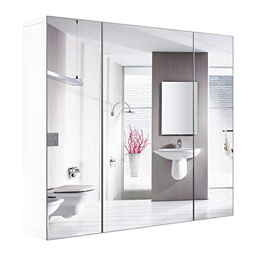 Homfa Spiegelschrank Bad 70x15x60cm Badezimmerschrank Badezimmer Wandspiegel Badezimmerspiegel Hängeschrank mit 3 Spiegeltüren Holz Weiß