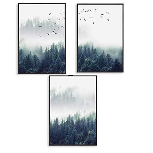 EXQULEG 3er Set Design-Poster Wandbilder-Wald und Vögel im Nebel-Ohne Rahmen- Deko für Wohnzimmer, Sofa, Veranda, Gang (50x70cm)