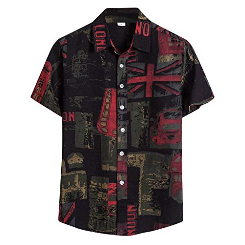 Yowablo Leinenhemd Herren Hemd Sommerhemd Herren Regular Fit Freizeithemd Kurzarm Casual Printing Hawaiian (M,2Schwarz)