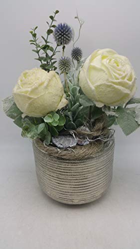 Seidenblumengesteck Wintergesteck Eis-Rosen Distel Gräser weiß