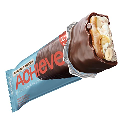 ahead ACHIEVE – Keto Riegel - 18 x 35g - erfrischender Sommer-Riegel - Schokolade Kokosnuss mit gerösteten Mandeln und weißen Schokoladen Chunks ohne Zuckerzusatz - Low Carb Süßigkeiten