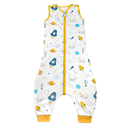 FLYISH DIRECT Baby Schlafsack mit Füßen, 100% Baumwolle Sommer Schlafsack mit Füßen, 0.5 tog Ärmellose Babyschlafsack mit Beinen, Atmungsaktiv Tragbar Baby Pucktücher,Raumschiff,L(3-4 Jahre)