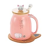 Katzen-Tasse Süße Keramik Kaffeetasse mit deckel,Edelstahl Löffel, Neuheit Morgen Cup Tee Milch Weihnachten Becher Geschenk 380ML (Rosa)