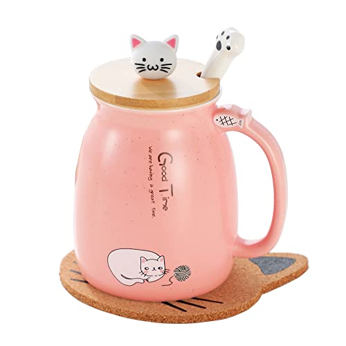 Katzen-Tasse Süße Keramik Kaffeetasse mit deckel,Edelstahl Löffel, Neuheit Morgen Cup Tee Milch Weihnachten Becher Geschenk 380ML (Rosa)