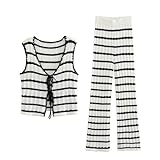 ARESU Weiß-schwarz gestreiftes langes Hosen-Set für Damen, schicke, Kurze Weste, hohe elastische Taille, Zweiteilige Sets, weibliches Sommer-Street-Outfit, komplettes Set, L