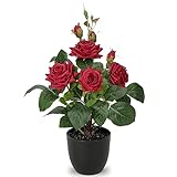 34CM Kunstblumen Rosenbusch Künstliche Pflanzen Kunstrosen im Topf Rosenstrauch Deko Wohnzimmer, Balkon, Terrasse, Garten, Hochzeit