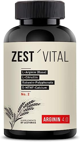 ZEST'VITAL Arginin 4.0: ZEST’VITAL: L-Arginin (Base), L-Citrullin, Rotwein-Polyphenole, 5-MTHF-Calcium u.v.a.m.. Vegan 240 Kapseln