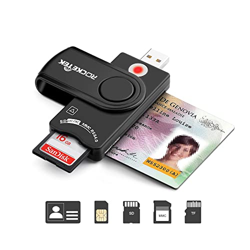 Rocketek USB Chipkartenleser/Smartcard Reader | Plug&Play | Power/Status-LED | USB Bus-Powered | Hbci fähig | Windows 10-kompatibel | Unterstützt SD | Micro SD | M2 | MS | SIM-Karten