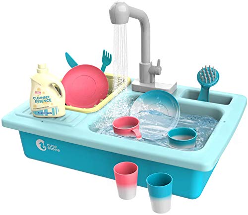 cute stone Küchenspüle Spielzeug Set mit Warmwasserhahn Farbwechsel Geschirr, Wasser-Recycling Waschbecken für Mädchen ab 3 Jahre (Blau)