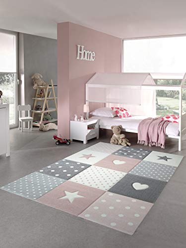CARPETIA Kinderteppich Spielteppich Babyteppich Mädchen mit Herz Stern rosa Creme grau Größe 80x150 cm