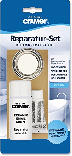 Cramer Reparatur-Set für Keramik, Email & Acryl, Alpin-Weiß, CRA16080DE, bei Abplatzungen & Kratzern, Set: 2-Komponenten-Spachtelmasse, Härter, Reparaturlack, Spachtel, Schleifmittel, 83961 7