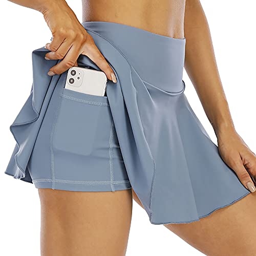 YoYogini Damen Athletic Tennis Golf Röcke Eingebaute Shorts Plissee Laufrock Sport Skort mit Taschen, stahlblau, 36