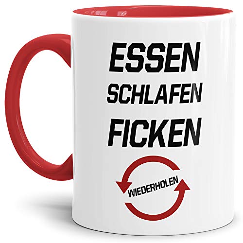 Tasse mit Spruch Essen, Schlafen, Ficken, Wiederholen - EIN ganz normales Wochenende/Lustig/Witzig/Disco/Mug/Cup/Innen & Henkel Rot