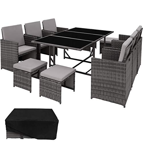 TecTake 800821 Poly Rattan Sitzgruppe | 6 Stühle 4 Hocker 1 Tisch + Schutzhülle & Edelstahlschrauben - Diverse Farben - (Grau | Nr. 403867)