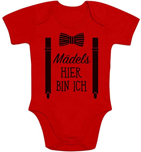 Shirtgeil Mädels, Hier Bin Ich! - Geschenk für Neugeborene Jungen Baby Kurzarm Body (0 - 3M, Rot)
