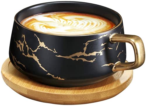 VETIN Cappuccino Tassen mit Unterteller, 300 ml Espressotassen aus Porzellan für Tee Kaffee Cappuccino, Kaffee-Tassen mit Holzscheibe - Schwarz