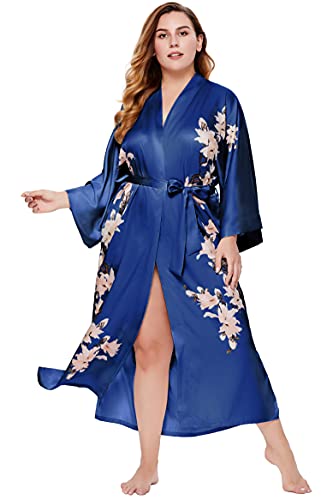BABEYOND Damen Morgenmantel Kimono Große Größen Bademantel Lang Sommer Robe Blumen Muster Leicht Strandkleid Elegant Damen Satin Schlafmantel (Navyblau)