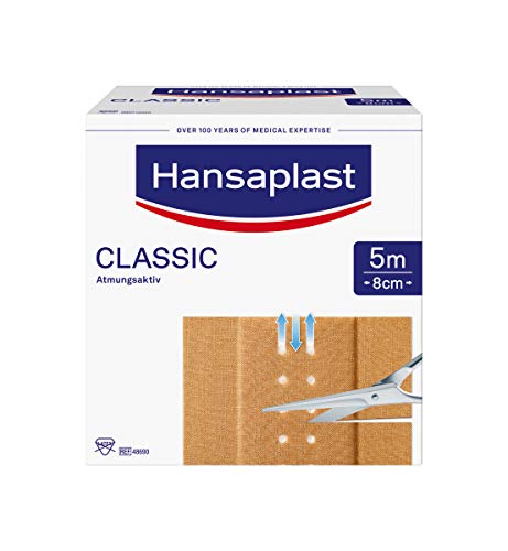 Hansaplast, Classic Pflaster 5 m x 8 cm zuschneidbare Wundpflaster in Meterware mit extra starker Klebkraft flexibles und atmungsaktives Verbandsmaterial