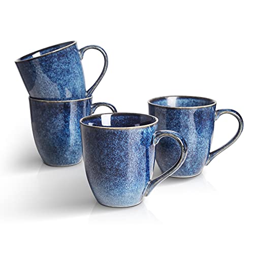 Vicrays kaffeebecher porzellan 4er Set, 350 ml Becher mit henkel für Heißgetränke, Porzellan-Tasse für Spülmaschine & Mikrowelle geeignet (Blau)