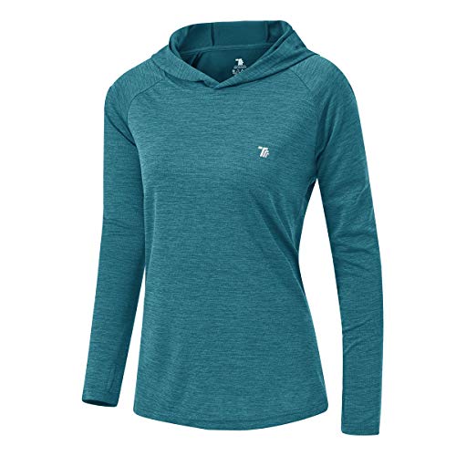 donhobo Damen Langarm Sportshirt Sweatshirt Laufshirt UPF 50+ Sonnenschutz Hoodies Laufen Yoga Tops mit Hut (Blau, L)