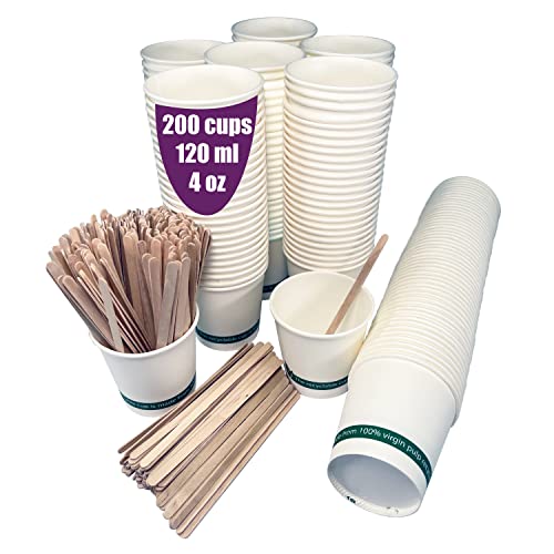 200 Einweg-Kaffeebecher aus weißem Karton 120 ml, Einweg-Kaffeebecher aus weißem Karton mit hölzernen Kaffeerührern. Für heiße und kalte Getränke.