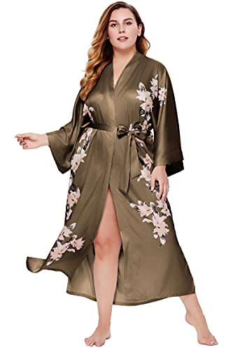 BABEYOND Damen Morgenmantel Kimono Große Größen Bademantel Lang Sommer Robe Blumen Muster Leicht Strandkleid Elegant Damen Satin Schlafmantel (Kaffee)