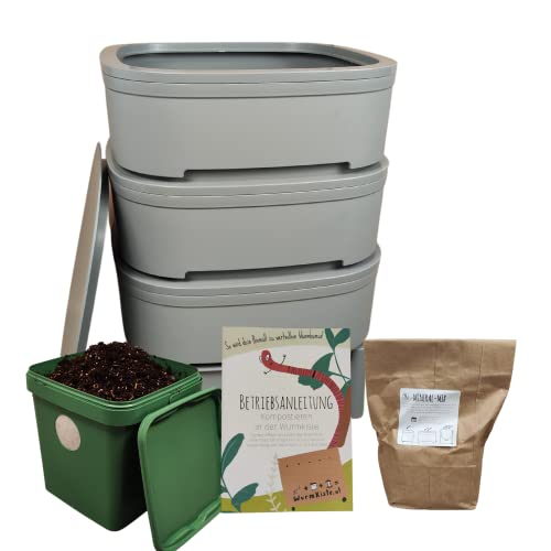 Wurmbox Komposter mit 3 Etagen und 500 Kompostwürmer kaufen - praktischer Schnellkomposter ersetzt Biomülleimer