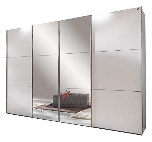 lifestyle4living Schwebetürenschrank in weiß, 2 Synchron-Spiegel-Türen, 300cm | Hochwertiger Kleiderschrank mit 4 Schwebetüren, Einlegeböden & Kleiderstangen