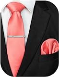 JEMYGINS Herren Krawatte mit Matte Oberfläche inklusive Einstecktuch und Krawattenklammer Set in verschiedenen Farben,Korallrot
