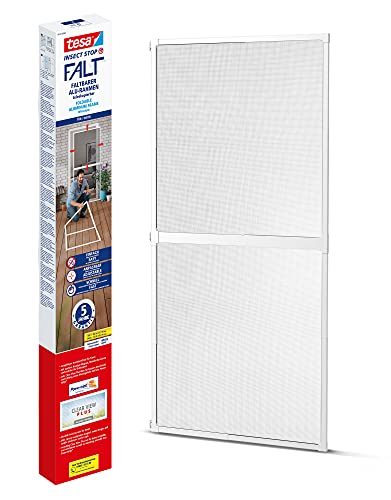 tesa Insect Stop FALT Tür - Faltbarer Alu-Rahmen mit Fliegengitter für Türen - mit verstellbarem Teleskoprahmen - Weiß - 80 cm x 170 cm bis 100x cm x 220 cm