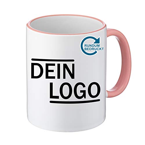 Foto Premio Werbetasse mit Logo | Kaffeetassen mit Logo Bedrucken, Tasse mit Logo in Kleiner Auflage günstig bestellen, Spülmaschinen- und Mikrowellenfest, 300ml Füllmenge (Rosa, Panorama)