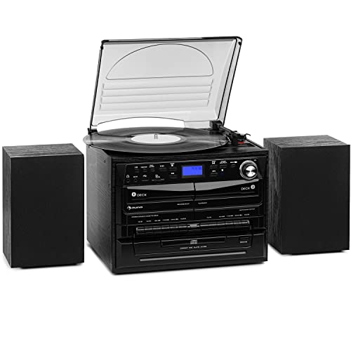 auna 388-DAB+ Kompaktanlage - 20 W Stereoanlage mit 2 Lautsprechern, Mini HiFi Anlage mit Bluetooth, FM, DAB+, Plattenspieler, CD, MP3, USB, SD-Slot, 2 x Kassettendeck, inkl. Fernbedienung, schwarz