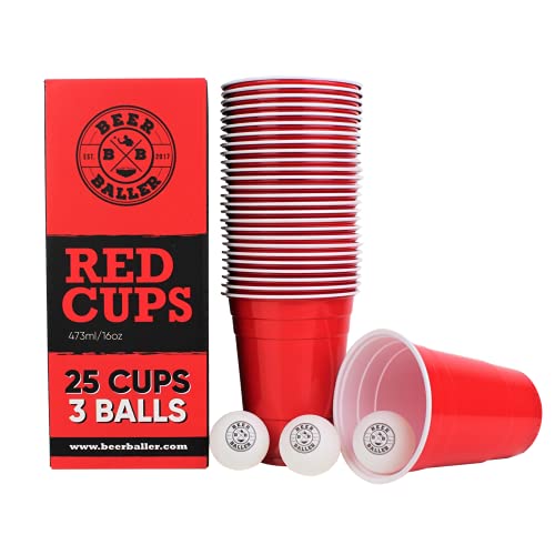 BeerBaller® original Red Cups - 25 rote Beer-Pong Becher & 3 Beerpong Bälle | 473ml 16oz – retro American Party-Becher für eure Studentenparty, das Festival und Beerpong Turniere