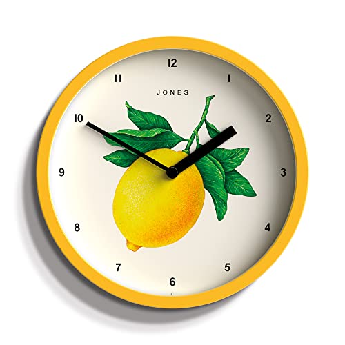 Jones Clocks® Obstuhr - Runde Uhr - Kleine Uhr - Küchenuhr - Bürouhr - Modernes Design - Designeruhr - Buntes Gehäuse - Fruchtkunst - Obstwanduhr (Zitrone)