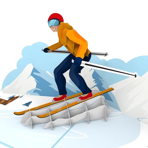 MOKIO® Pop-Up Karte – Skifahrer – 3D Gutscheinkarte für einen Skiurlaub, Skikurs oder Skipass, Wintersport Reisegutschein zum Geburtstag