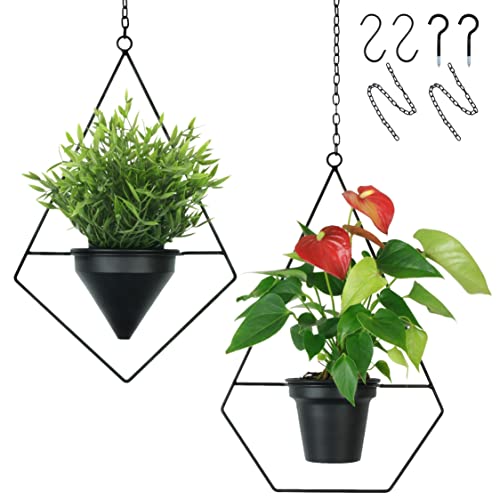 alma home Blumentopf hängend schwarz - 2er Set Blumenampel innen und außen Wanddeko Metall Hängetopf für Pflanzen mit Haken und Kettenverlängerung