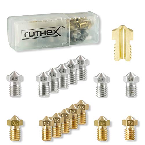 ruthex 3D Drucker Düsen Nozzle V6 Set (16 Stück) – 8x Messingdüsen 8x Edelstahldüsen für 1,75 Filament – für alle gängigen V6 Hotend 3D-Drucker wie z.B. Anycubic i3 Mega | Chiron | Prusa i3 / Mini
