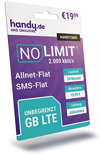 Handytarif NO Limit - Unbegrenztes LTE-Datenvolumen ohne Drosselung inklusive Flat Telefonie und Flat SMS, 24 Monate Vertragslaufzeit, Einfache Rufnummernmitnahme, Testsieger Preis-Leistung