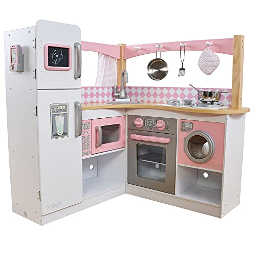 KidKraft 53185 Grand Gourmet Eck-Spielküche aus Holz mit Spielzubehör – Rosa und Weiß