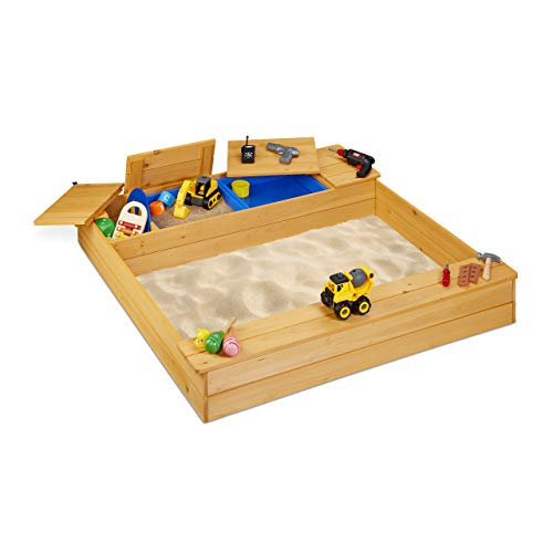 Relaxdays 10033854 Sandkasten mit Matschfach, Sandkiste Holz, Kunststoff, mit Sitzbank, 125 x 120 cm, Buddelkasten Kinder, natur