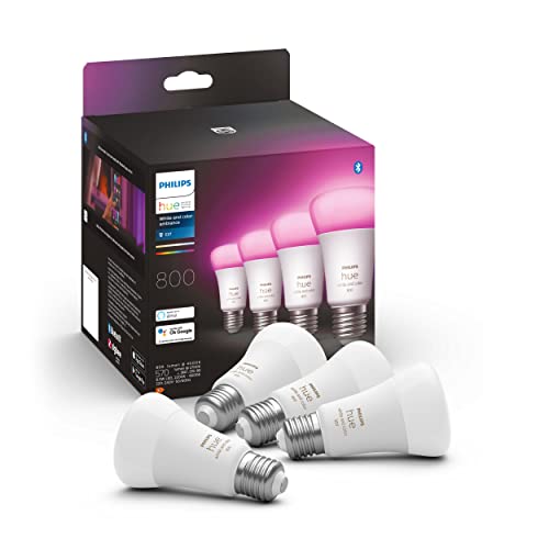 Philips Hue White & Col. Amb. E27 LED Lampen 4-er Pack, dimmbar, 16 Mio. Farben, steuerbar via App, kompatibel mit Amazon Alexa (Echo, Echo Dot), Farbton Weiß + Farbambiente
