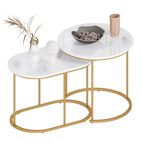 SogesHome 2er-Set Couchtisch, Beistelltisch, verstellbar, zeitgenössischer Akzent, Kaffee- und Snack-Beistelltisch für Wohnzimmer, weiße Tischplatte mit goldenem Metallrahmen