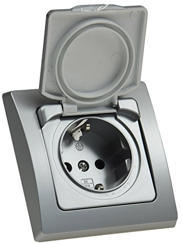 DELPHI Steckdose Unterputz IP44 Feuchtraum-Steckdose mit Schutz-Deckel - mit Gummidichtung für Innen Aussen - Küche Bad Terrasse Balkon - Grau Silber