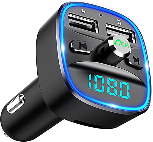 Bluetooth-FM-Transmitter für Auto, blaues Ambiente-Ringlicht, kabelloses Radio, Auto-Empfänger-Adapter-Kit mit Freisprecheinrichtung, Dual-USB-Ladegerät, 5 V/2,4 A und 1 A, unterstützt SD-Kart