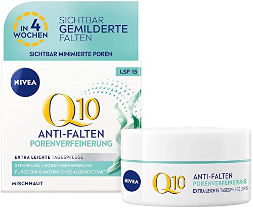 NIVEA Q10 Anti-Falten + Porenverfeinerung extra leichte Tagespflege (50 ml), straffende Tagescreme mit LSF 15, Gesichtspflege für Mischhaut mit Q10 und Algenextrakt