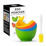 Eierpochierer – 4er-Pack Silikon-Eierpochierbecher mit Ringständern, Pochierte-Eier-Kocher für die Mikrowelle oder den Herd, Pochierte-Eier-Kocher mit zusätzlicher Ölbürste, BPA-frei