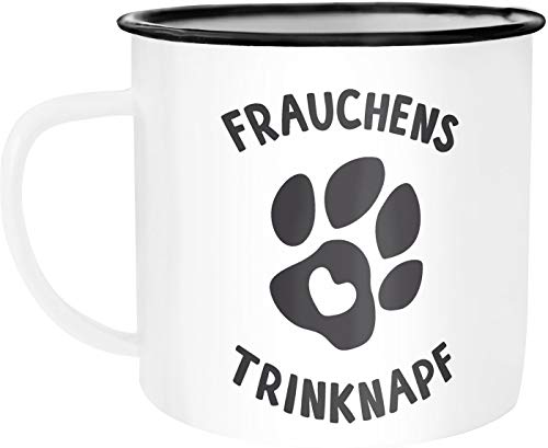 Moonworks Emaille Tasse Becher Frauchens Trinknapf Kaffeetasse Hunde Fan weiß-schwarz Emailletasse