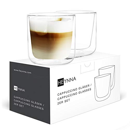 HEYNNA® Cappuccino Tassen 2 x 200ml doppelwandige Kaffeegläser aus Borosilikatglas / Cappuccino Gläser spülmaschinenfest