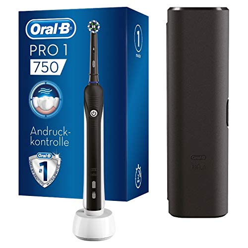 Oral-B PRO 1 750 Black Edition Elektrische Zahnbürste/Electric Toothbrush für eine gründliche Zahnreinigung, 1 Putzprogamm, Drucksensor, Timer & Reiseetui, 1 CrossAction Aufsteckbürste, schwarz